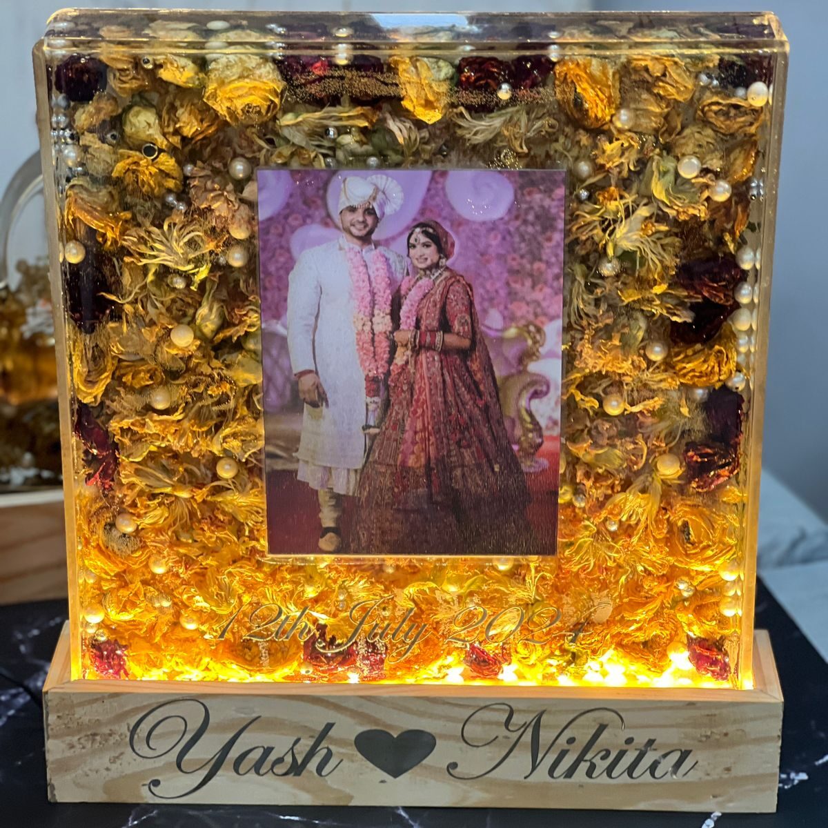 Acrylic Block with Wooden LED Stand, Customized with Couple Photo and Name