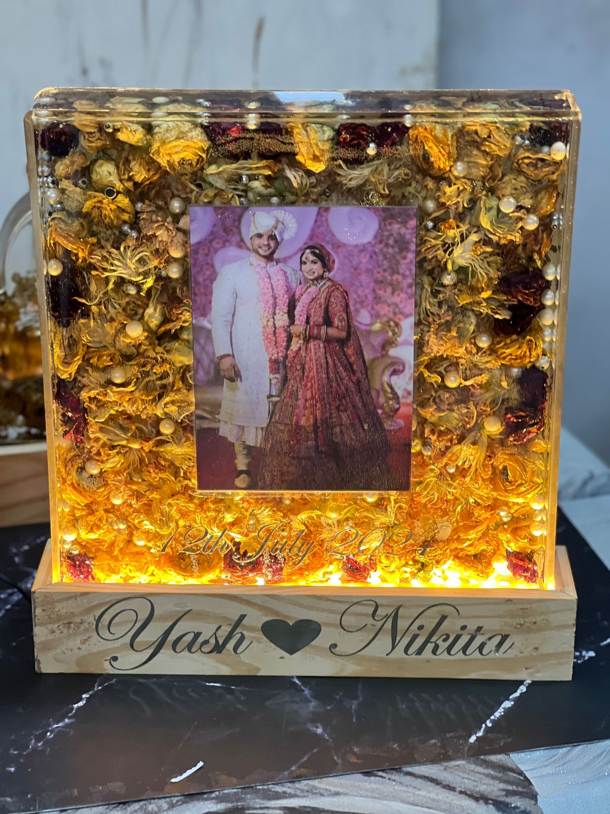 Acrylic Block with Wooden LED Stand, Customized with Couple Photo and Name
