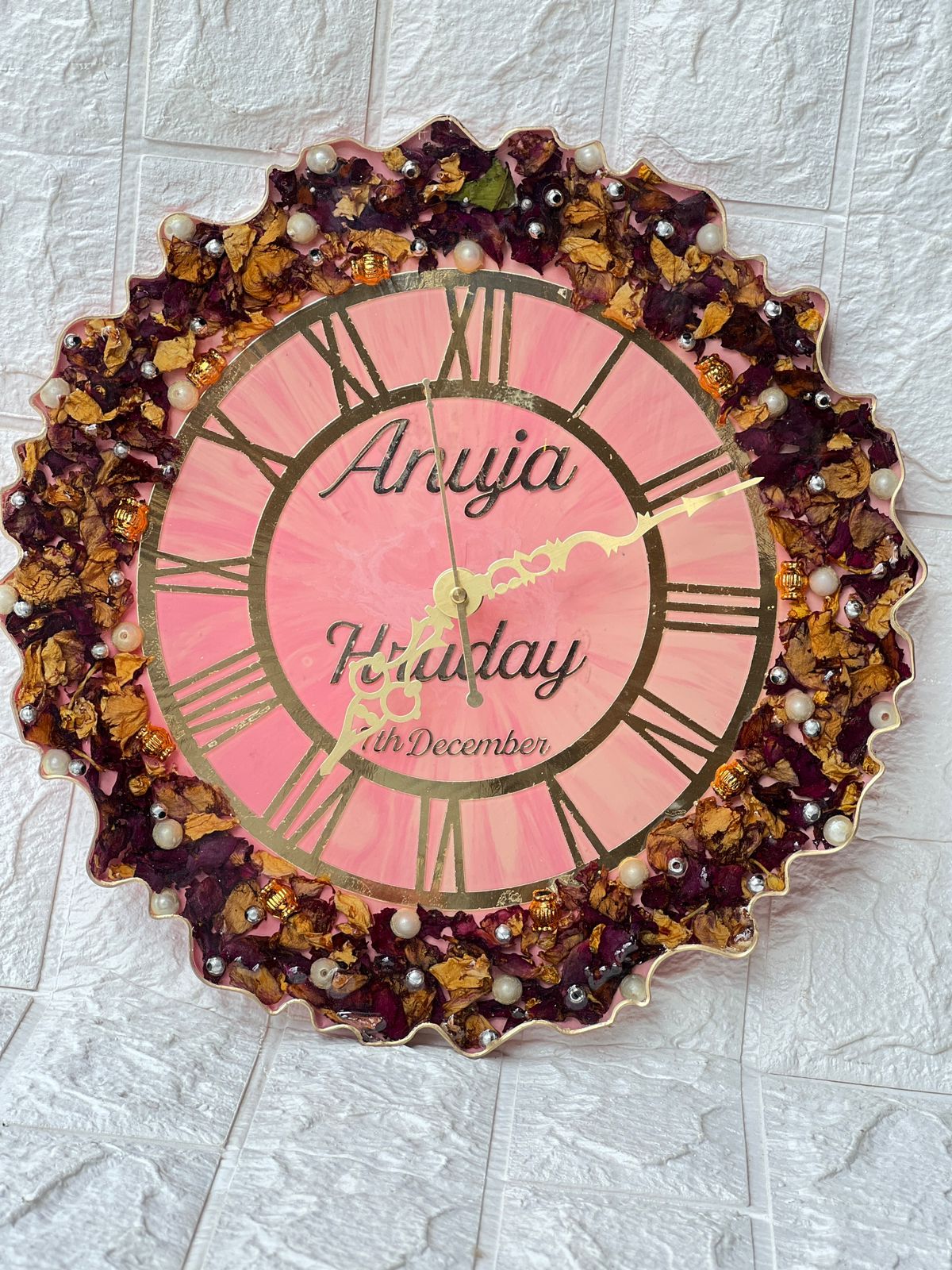 Curved Resin Varmala Flowers Preservation Wall Clock with Pearls, Couple Name & Special Date