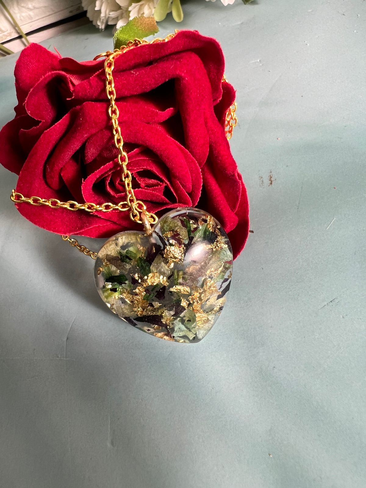 Heart-Shaped Resin Pendant with Real Flowers
