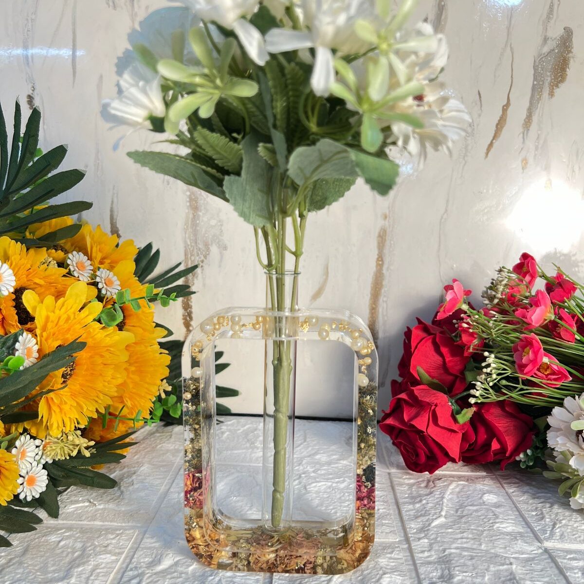 Rectangle Crystal-clear Planter, Preserved with Wedding Flowers in Epoxy Resin, Available With or Without LED
