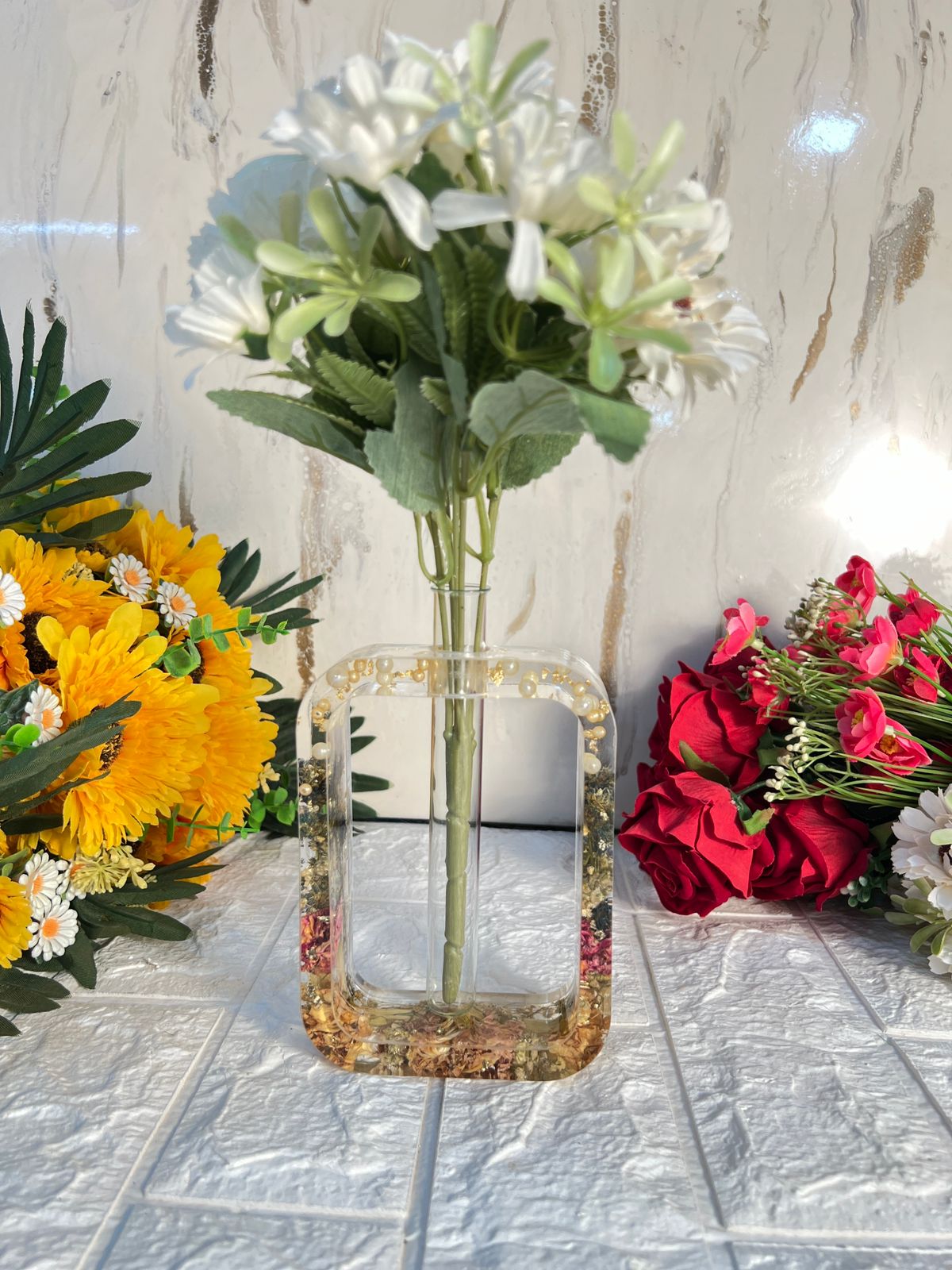 Rectangle Crystal-clear Planter, Preserved with Wedding Flowers in Epoxy Resin, Available With or Without LED