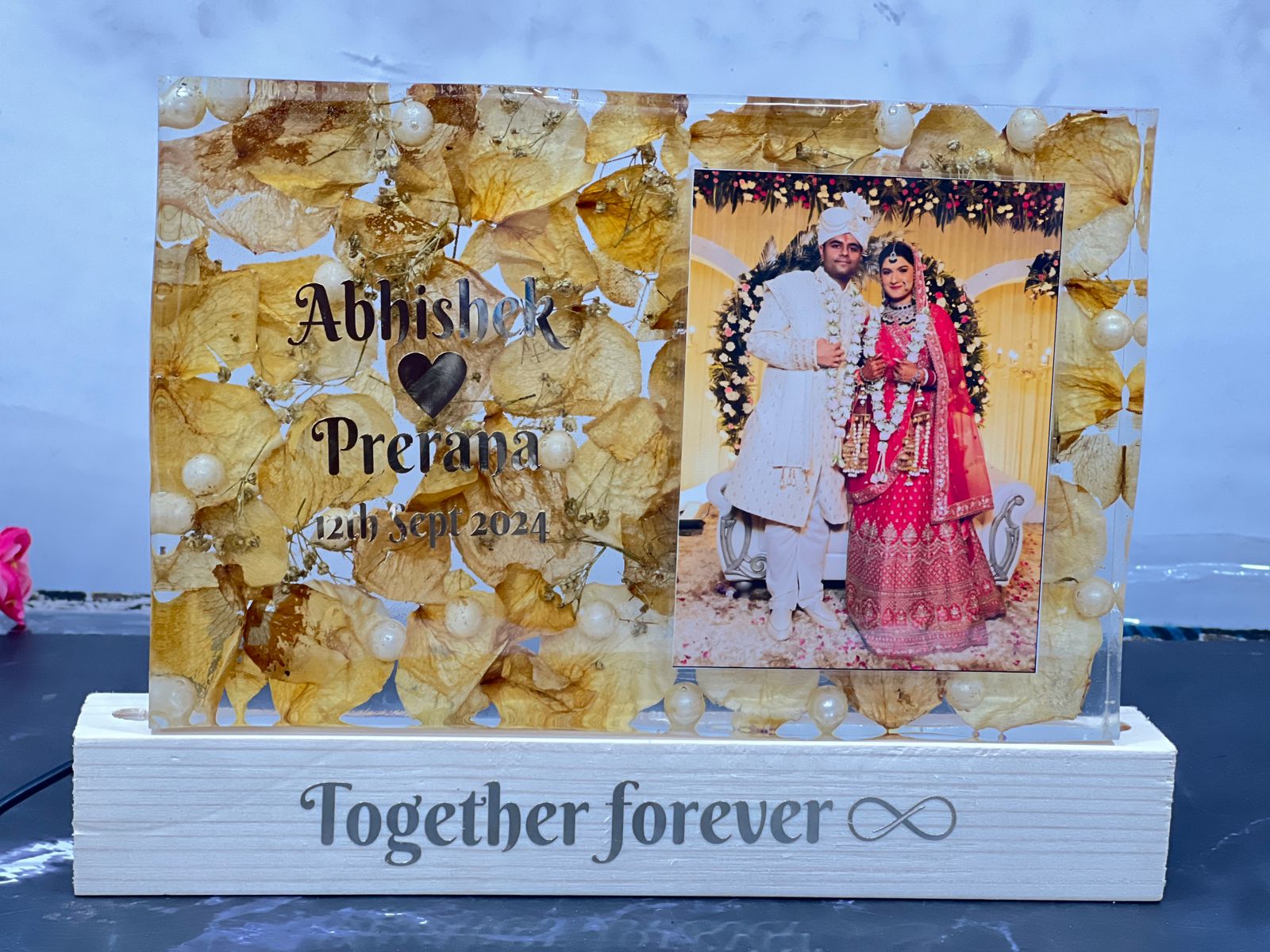 Rectangle Deep Casting Keepsake with Wooden LED Stand, Preserved Yellow Varmala Petals, Pearls, and Wedding Photo