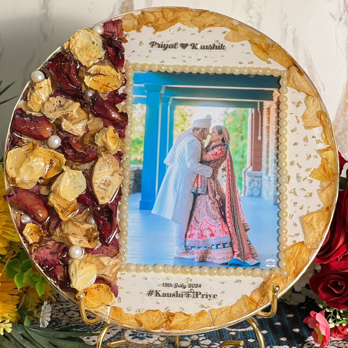 Round Frame with Red & Yellow Petals, Pearls, and Couple Photo
