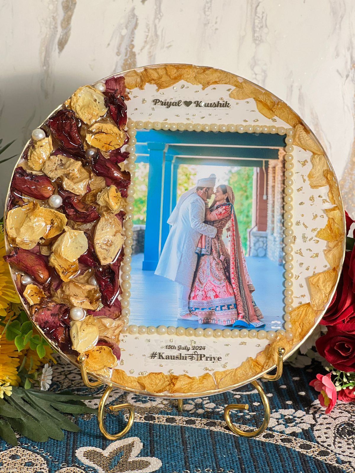 Round Frame with Red & Yellow Petals, Pearls, and Couple Photo