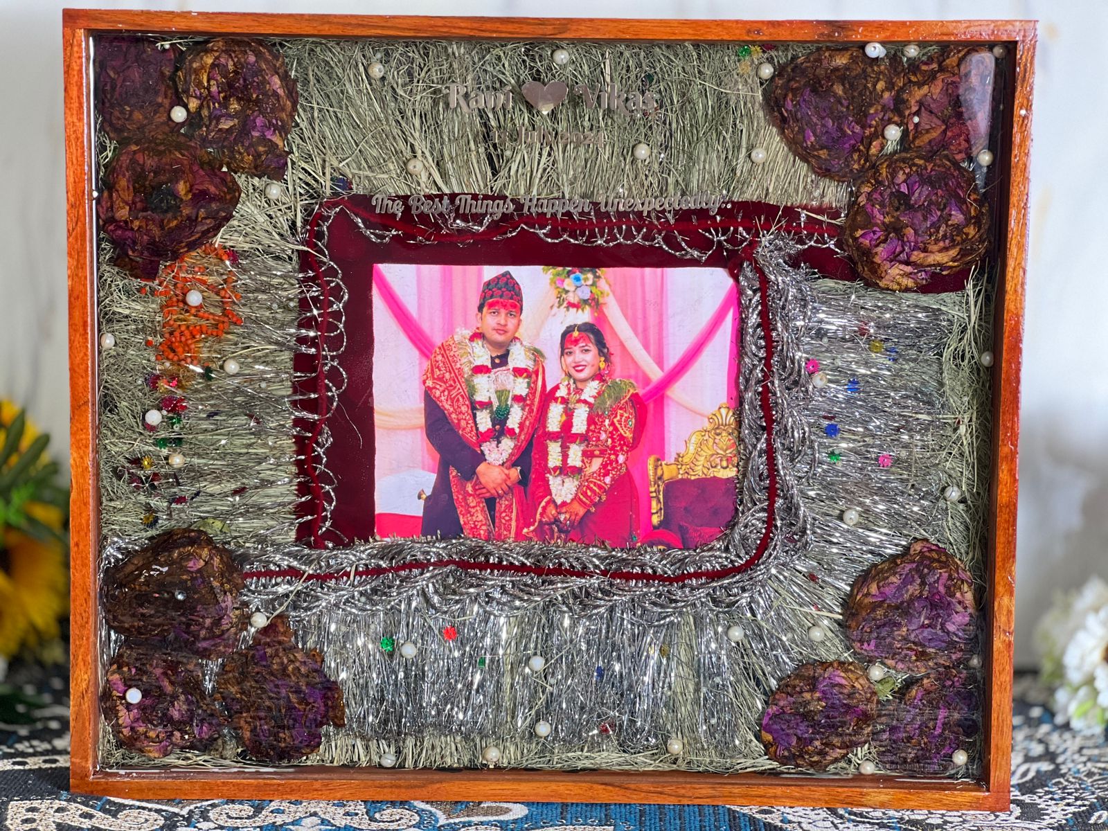 Teakwood Nepali Wedding Varmala Preservation Frame with photo