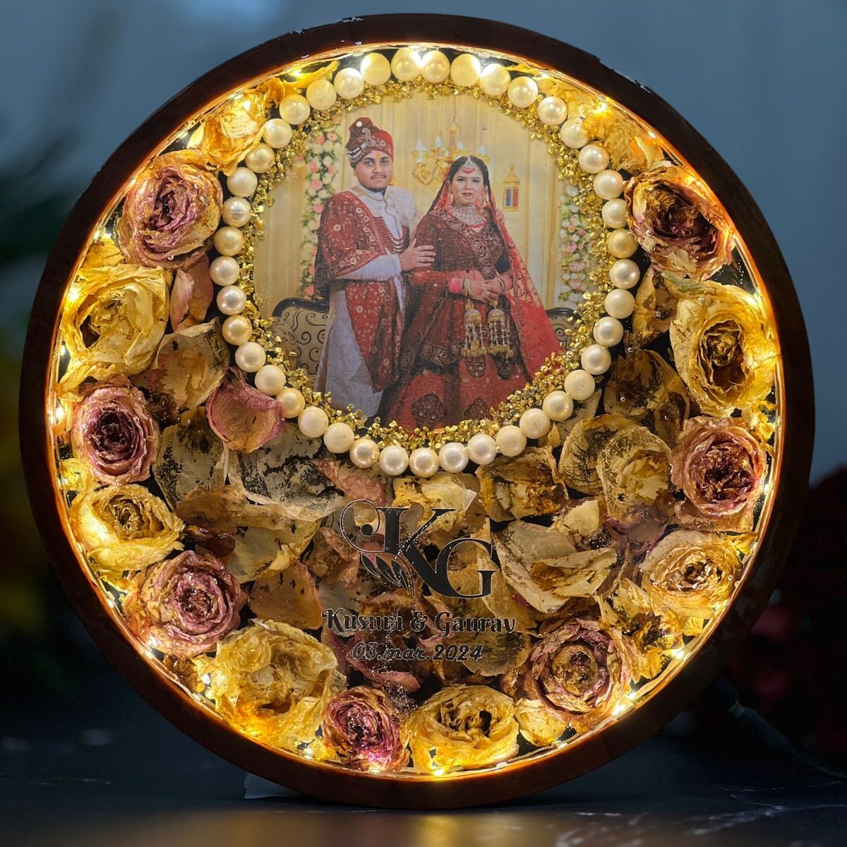 Wall Hanging Round Wooden Frame with LED, Couple Name and Logo