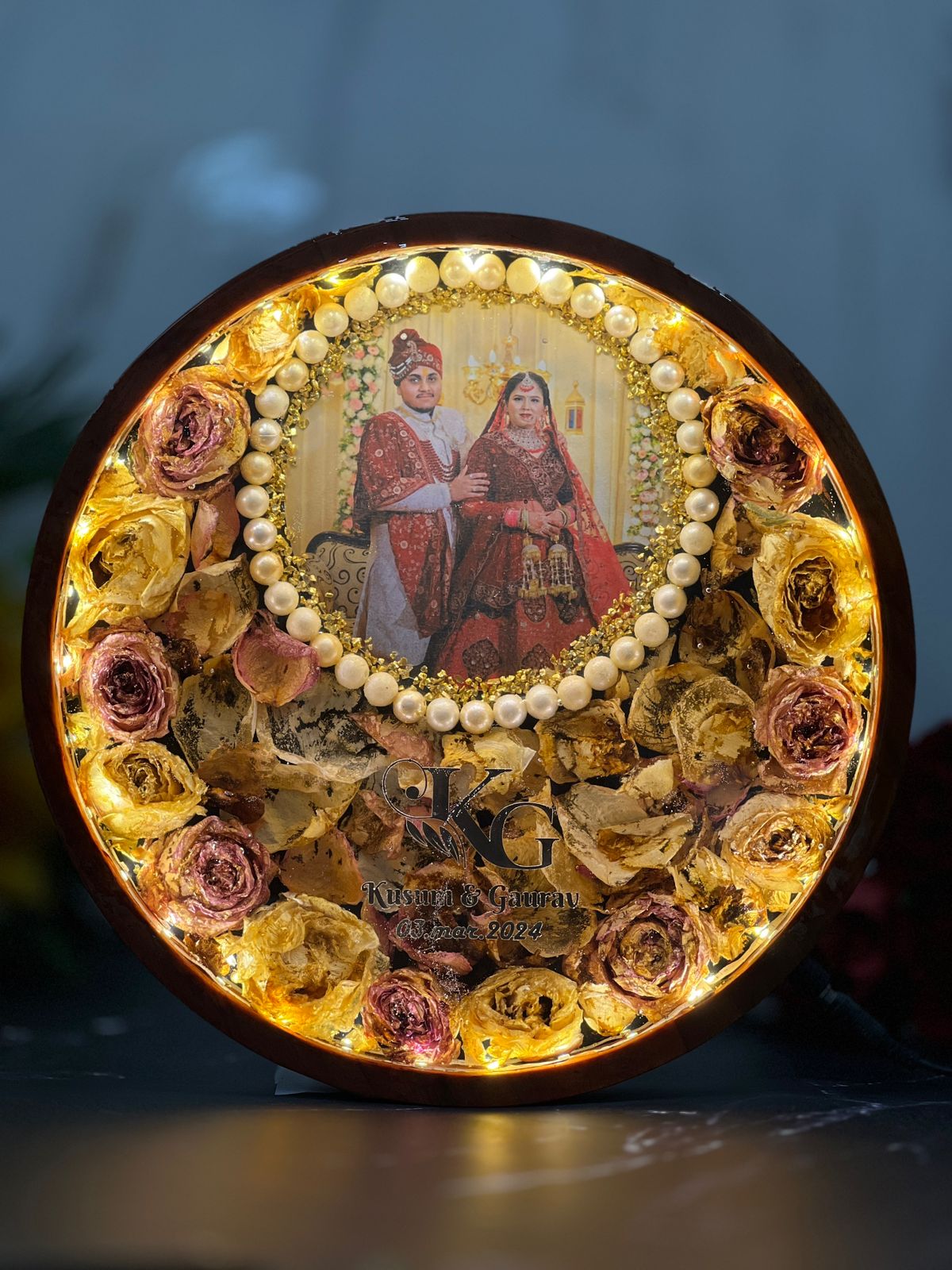 Wall Hanging Round Wooden Frame with LED, Couple Name and Logo