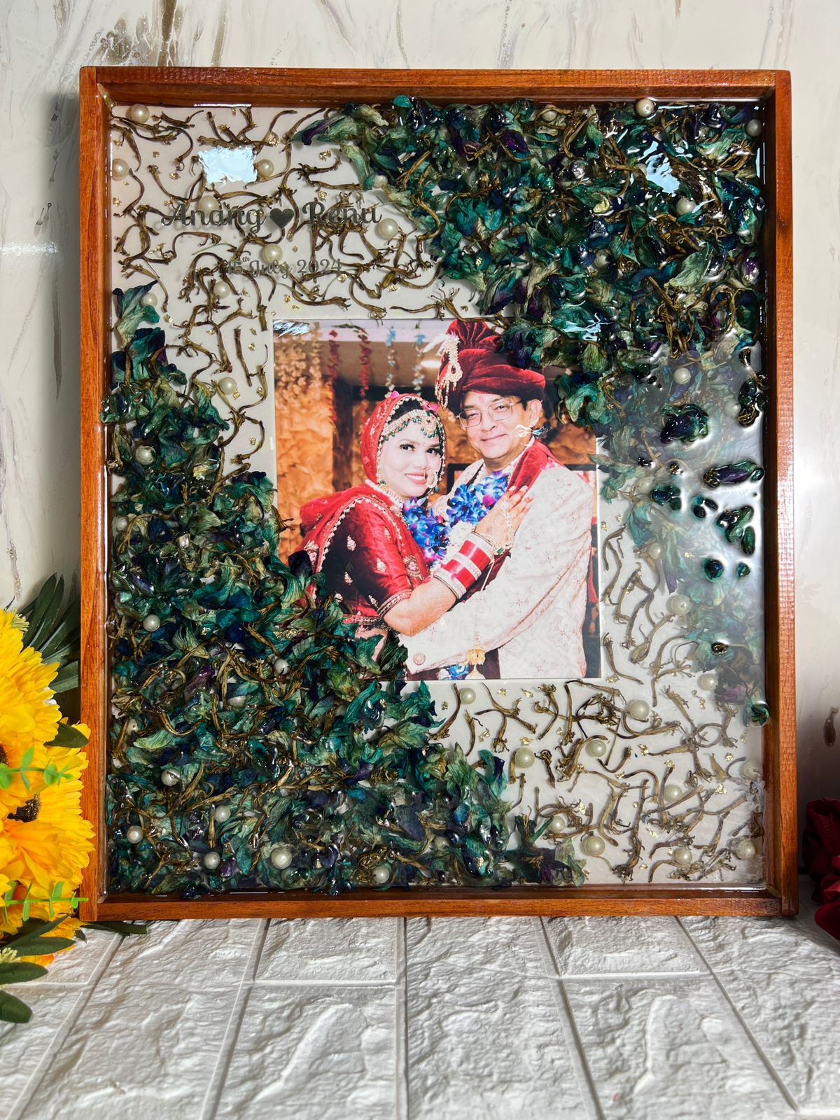 Teakwood Photo Frame with Real Orchid Flowers, Pearls, Golden Flex with Couple’s Name