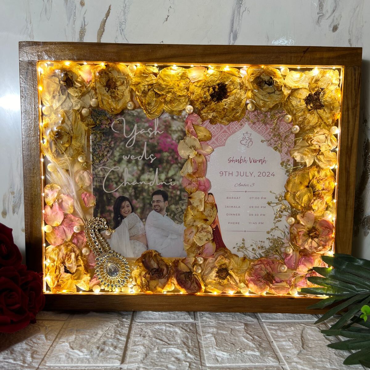 Wooden Wedding Garland Preservation LED Photo Frame with Wedding Card, Kalangi & Couple Photo