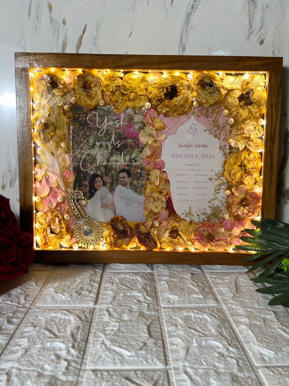 Wooden Wedding Garland Preservation LED Photo Frame with Wedding Card, Kalangi & Couple Photo