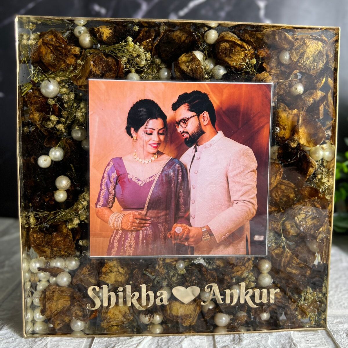 Deep casting square-shaped frame, wedding varmala preservation with couple’s photo & name
