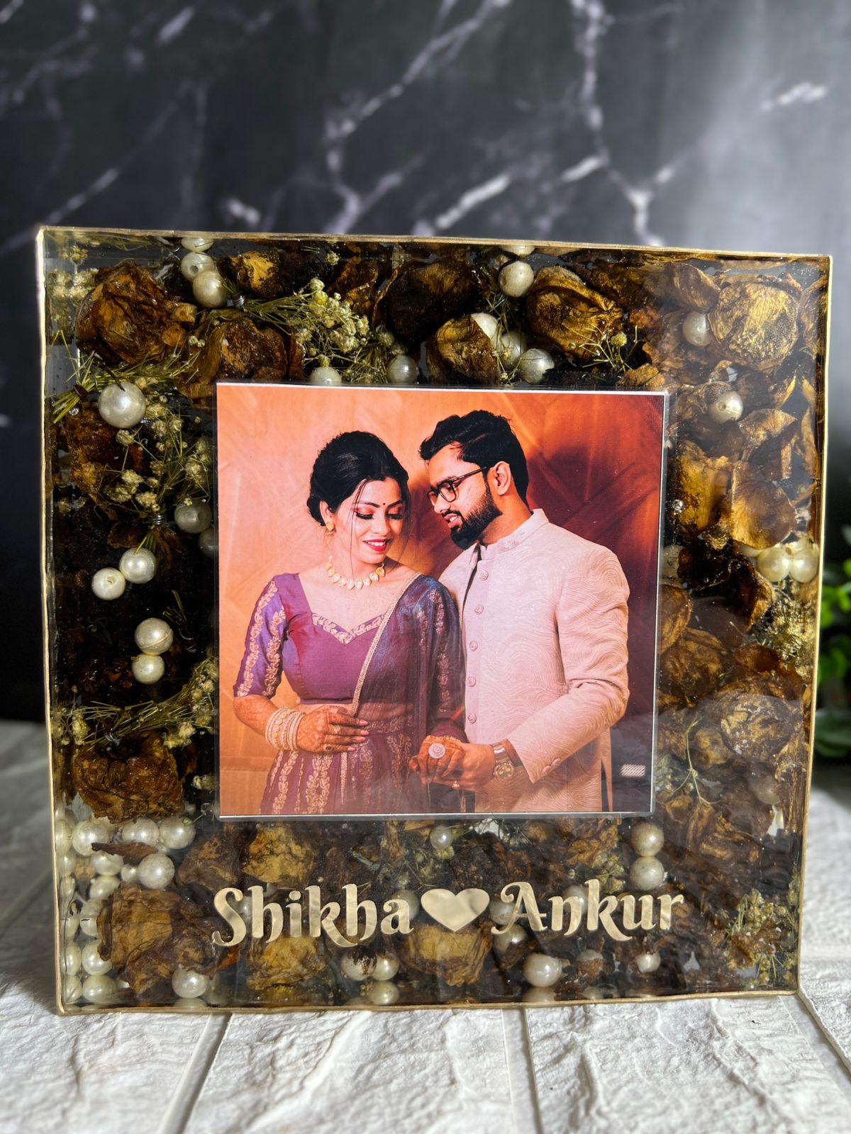 Deep casting square-shaped frame, wedding varmala preservation with couple’s photo & name