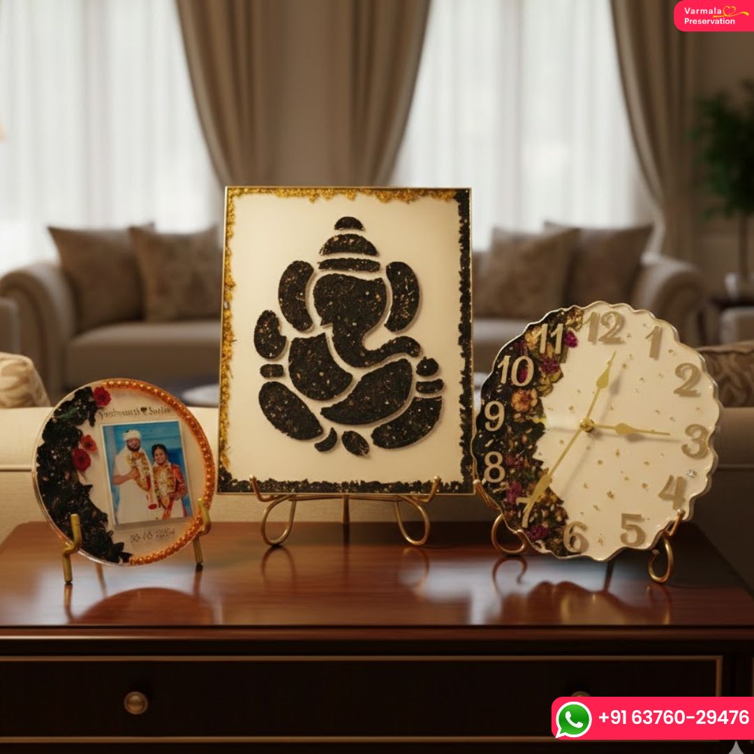 9x12 inch Ganesh frame with varmala, 6 inch resin couple frame with garland, 8 inch curved clock with garland