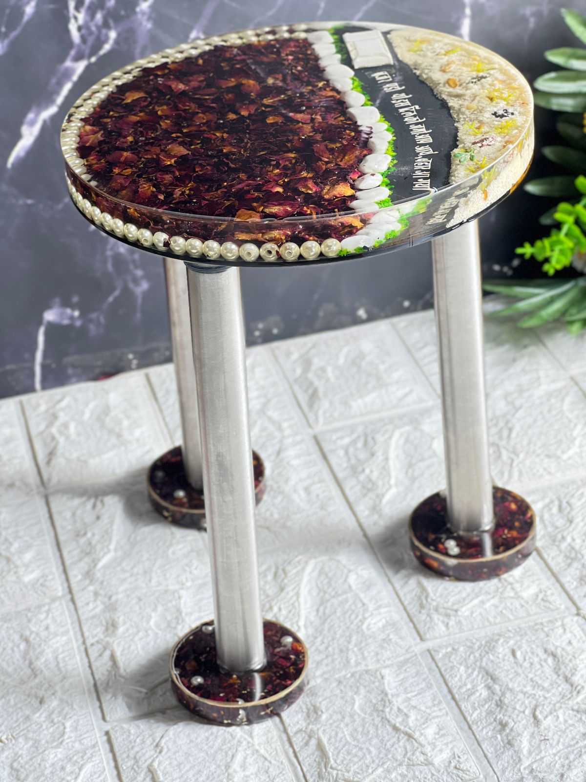 Handmade resin table with wedding varmala preservation