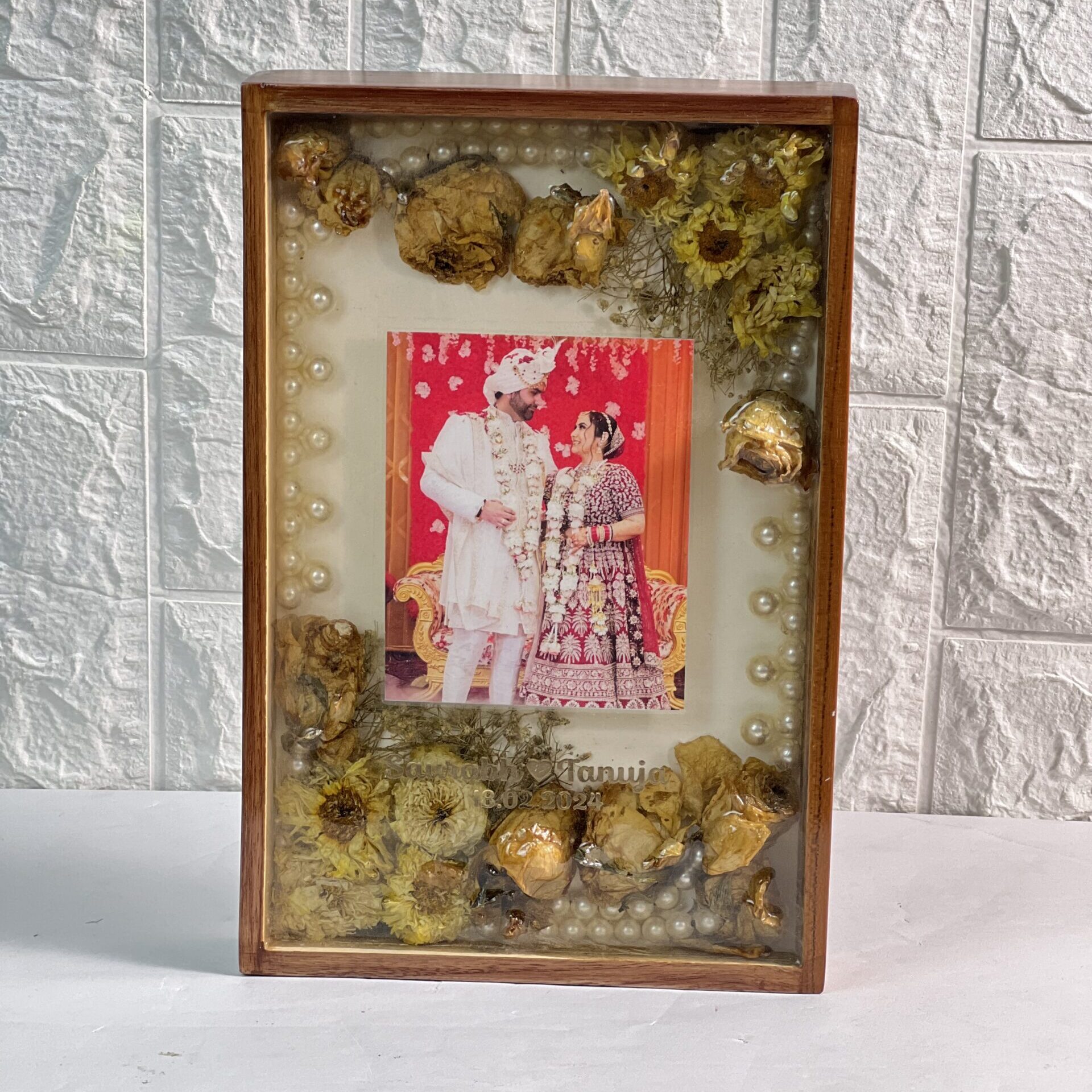 Teakwood resin frame with wedding varmala and photo