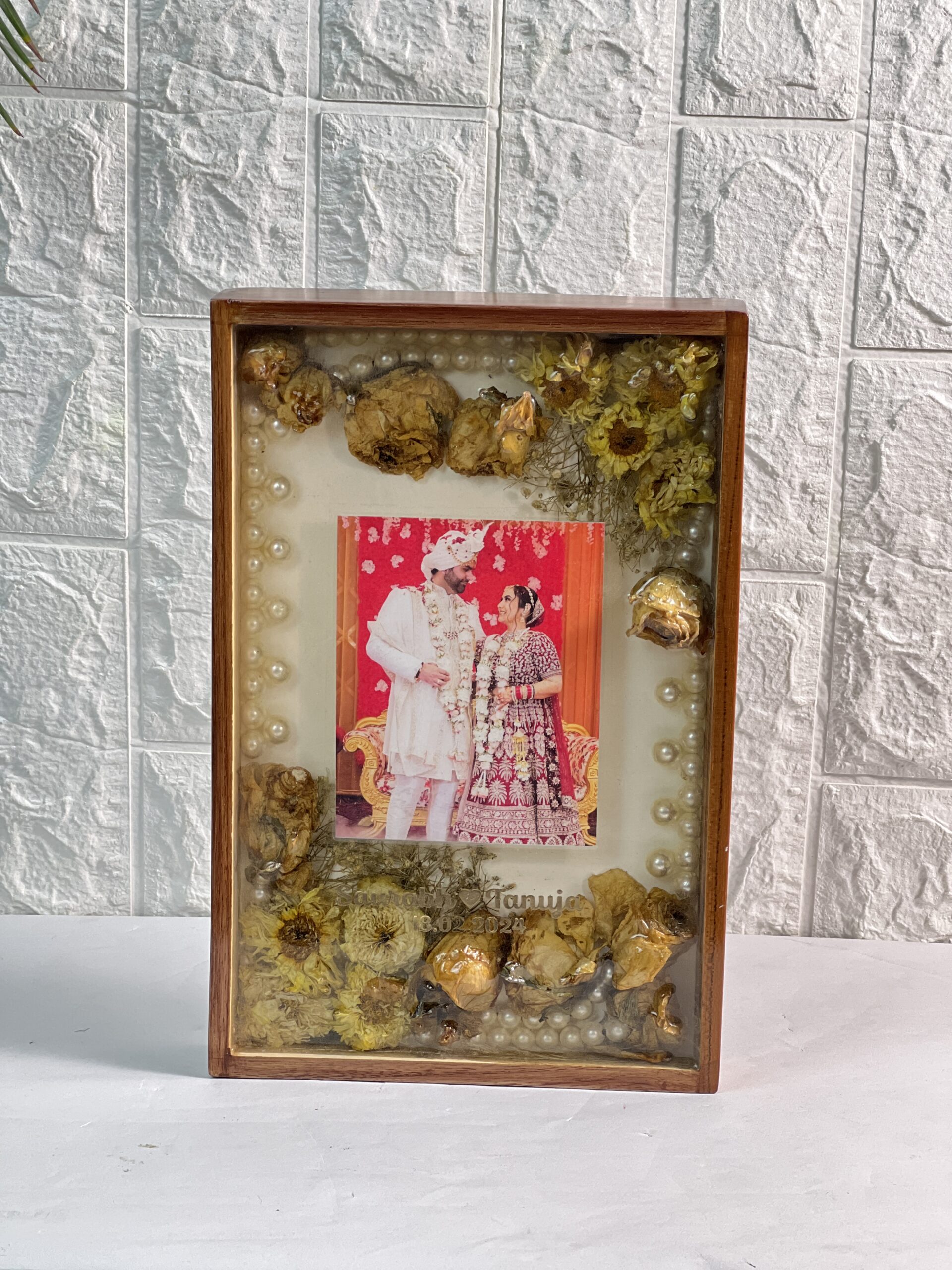 Teakwood resin frame with wedding varmala and photo