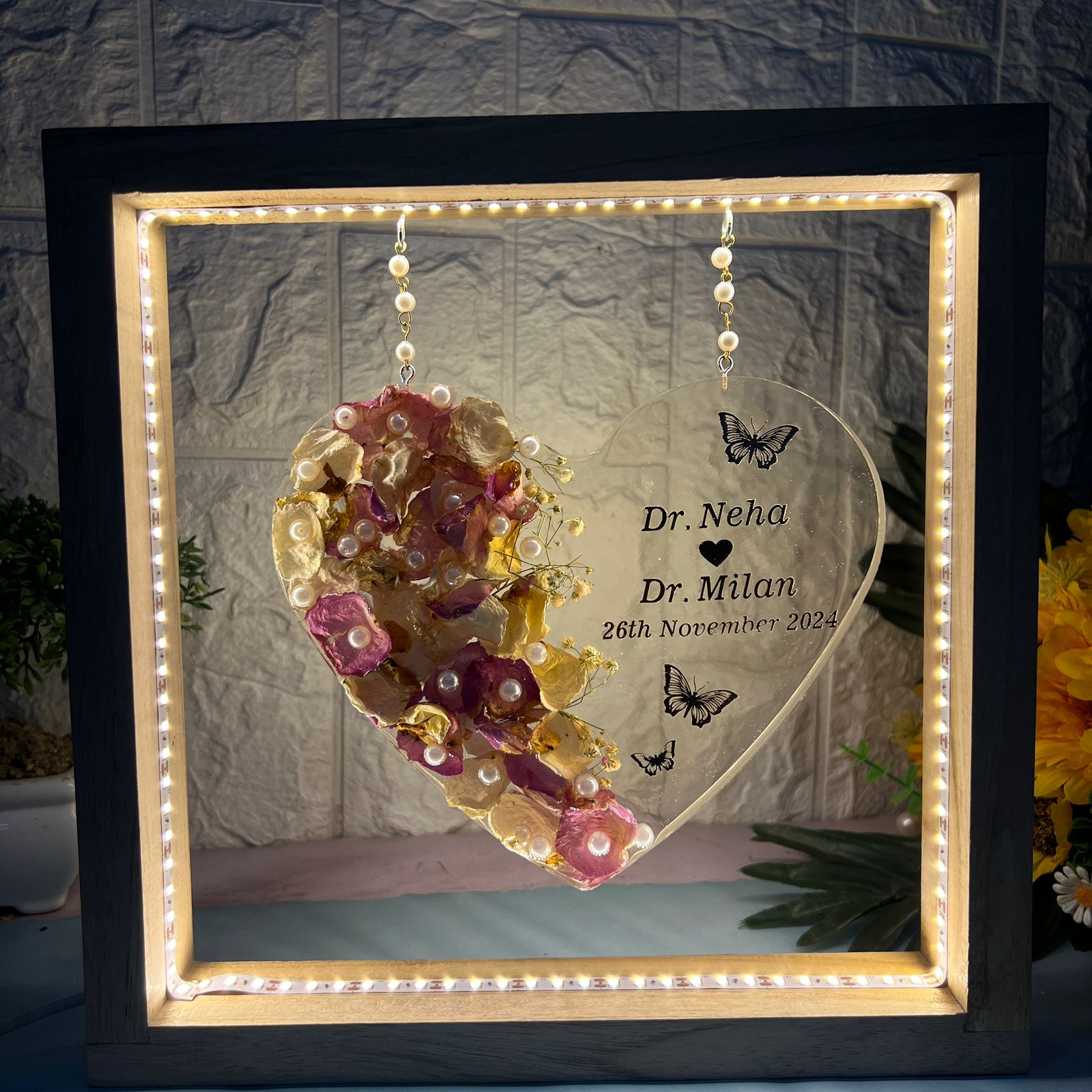 Romantic heart frame with wedding varmala flowers and LED wooden base