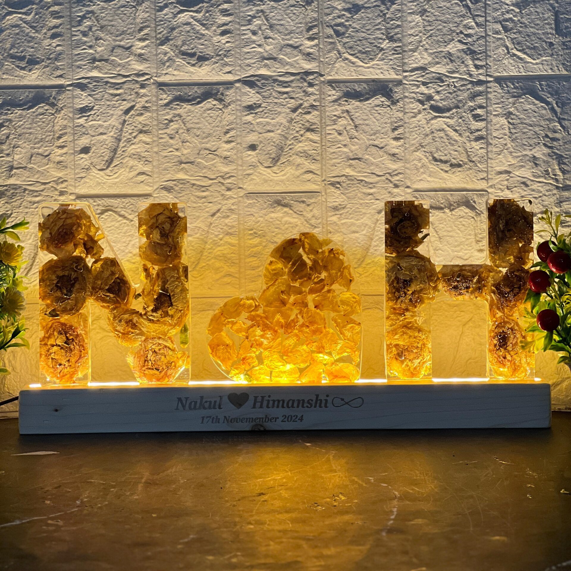 Handmade varmala preserved initials LED light