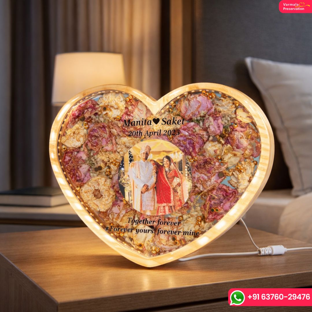 Heart-Shaped LED Resin Frame with Preserved Varmala – (8) Inch