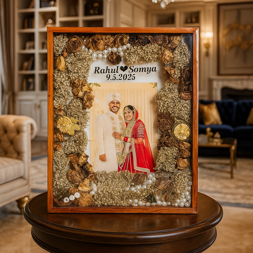 Wedding Resin Photo Frame with Real Varmala Flowers – (15by18) Inches