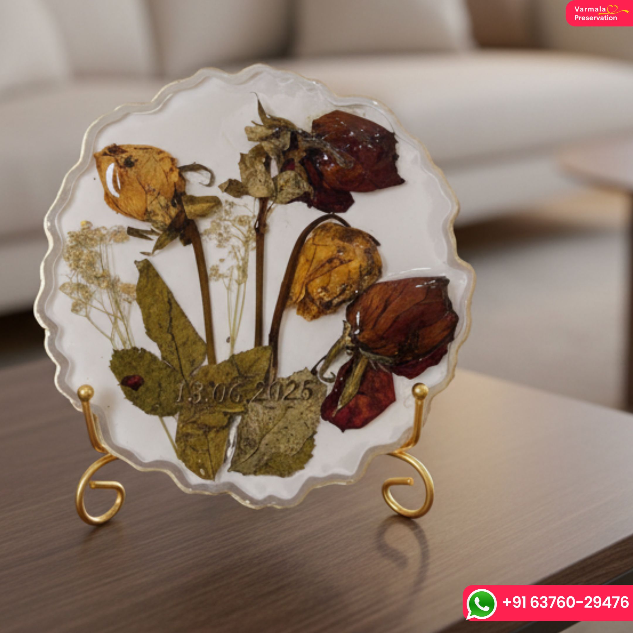 Curve-Shaped Resin Art Frame with Dried Roses – (6) Inch