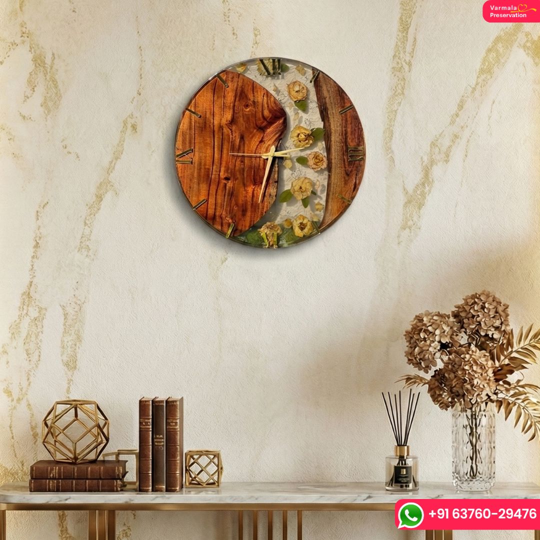 Wooden Resin Wall Clock with Real Preserved Flowers – (18) Inch