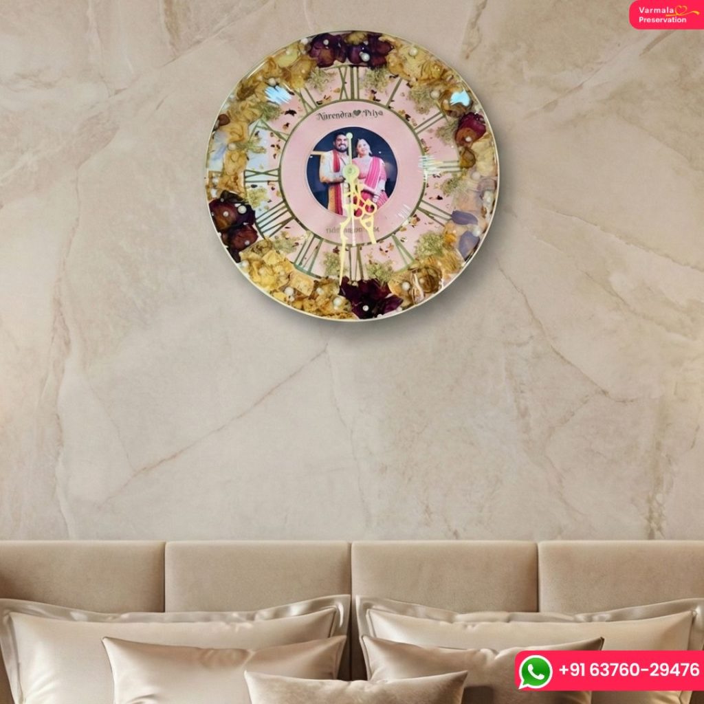 11-inch crystal clear clock with varmala flowers & photo