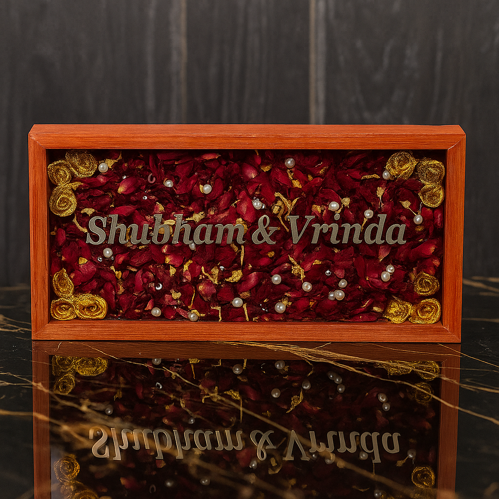 Rectangular Teakwood Wedding Nameplate with Preserved Varmala Flowers
