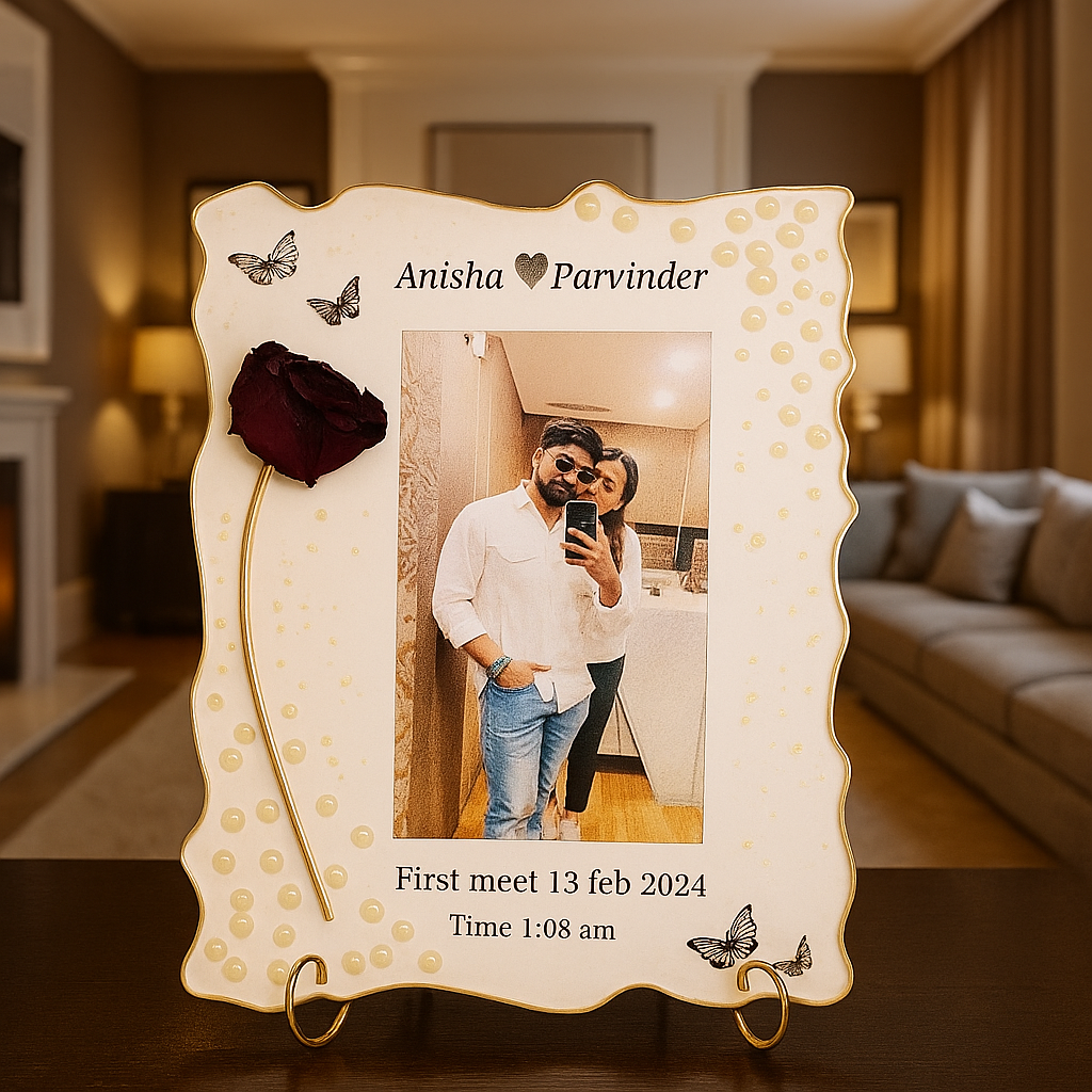 Custom Deep Casting Resin Frame with Preserved First Meeting Photo and Rose