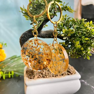 Round Resin Keychains with Golden Flowers – Set of 2