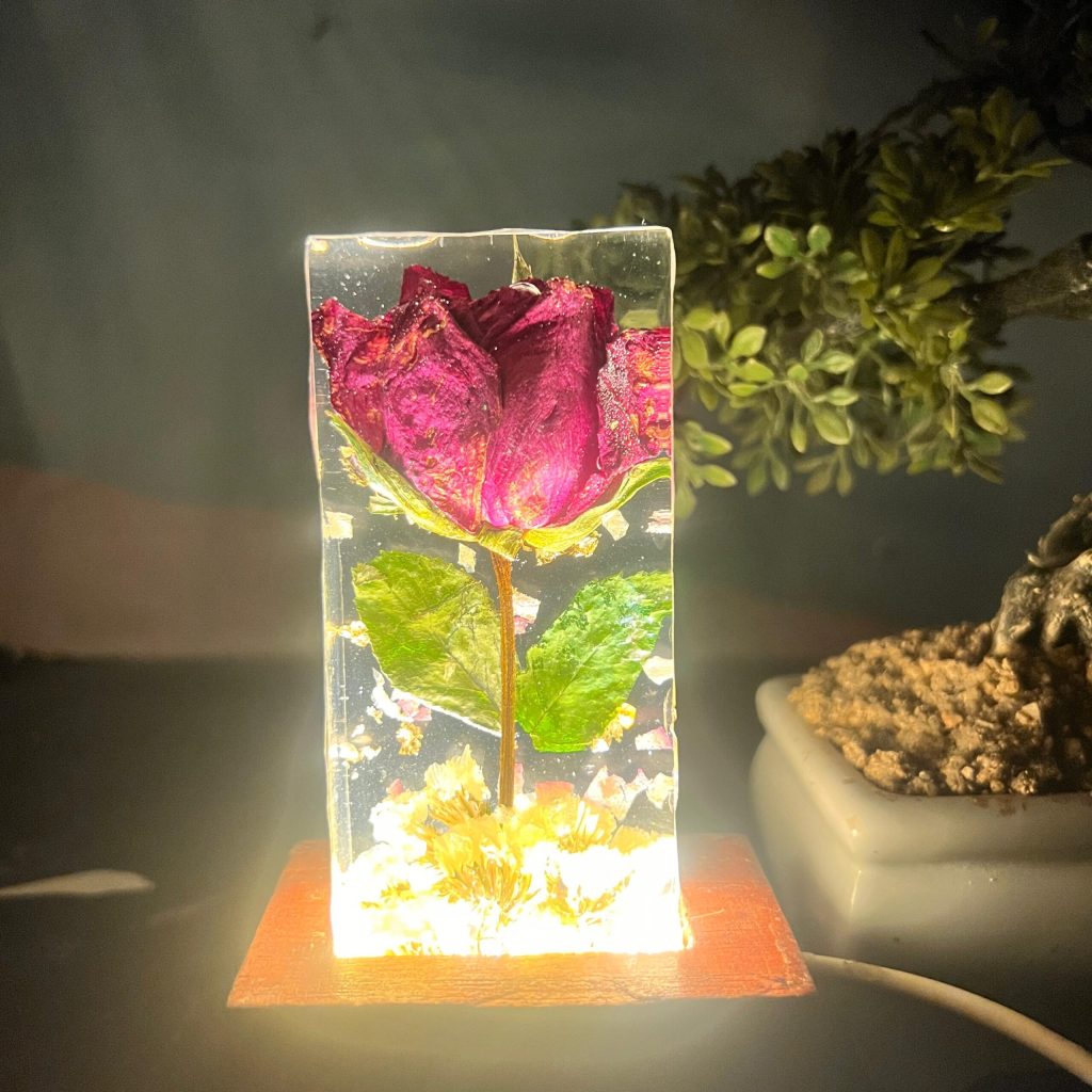 LED Resin Block with Real Rose