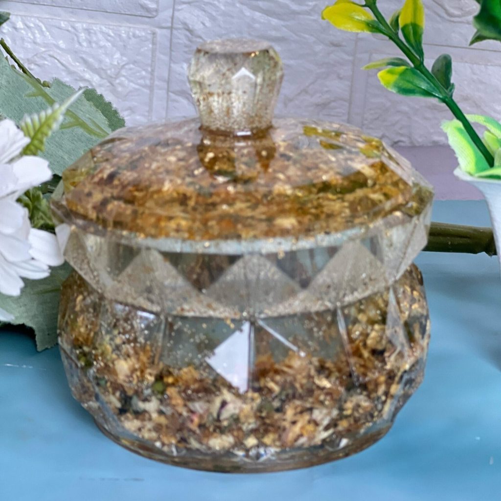 Crystal-Style Resin Jar with Preserved Varmala Flowers | Resin Storage Box