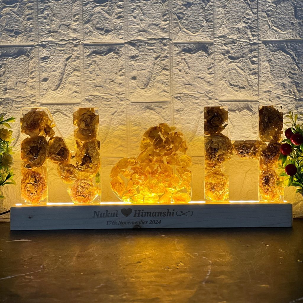 Customized Resin Name Initials with Preserved Varmala Flowers – (6- Inch)