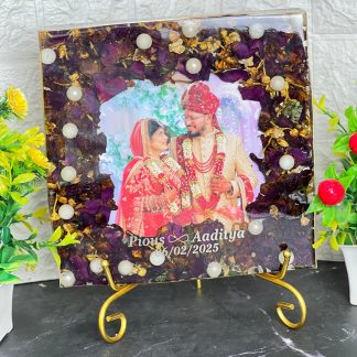 Square Resin Wedding Photo Frame with Preserved Varmala Flowers (8- Inch)