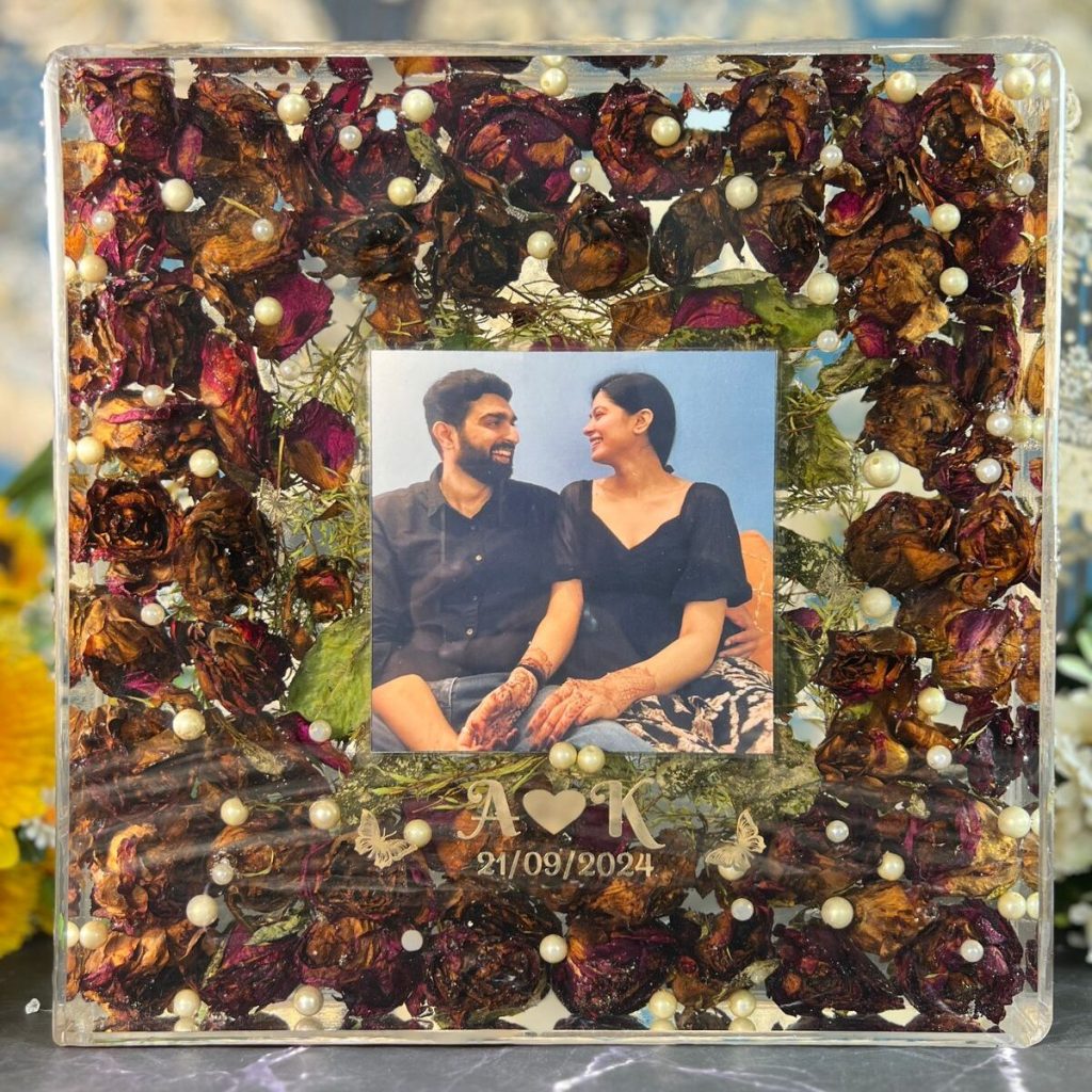 12-inch deep-casting varmala flowers preservation frame with couple photo & custom details