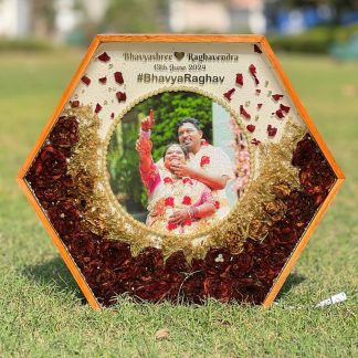 16 inch hexagon teakwood wedding garland preservation LED photo frame with names