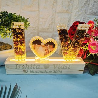 Wedding Varmala Preservation LED Lamp – Preserve Wedding Flowers and Photo in Name Initials with Wooden LED Stand