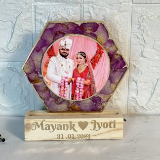 6-inch hexagonal resin frame with purple petals and couple’s photo on LED wooden stand