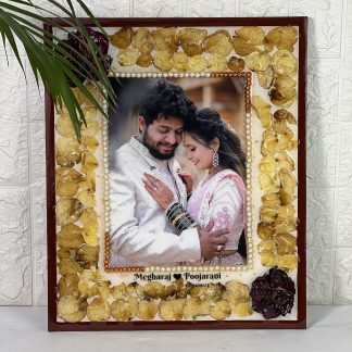 15x18 inch teakwood resin photo frame with yellow flower petals, red roses, and white pearls