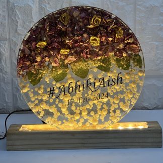 12-inch crystal clear round frame with wedding varmala flowers and white pearls, LED wooden stand