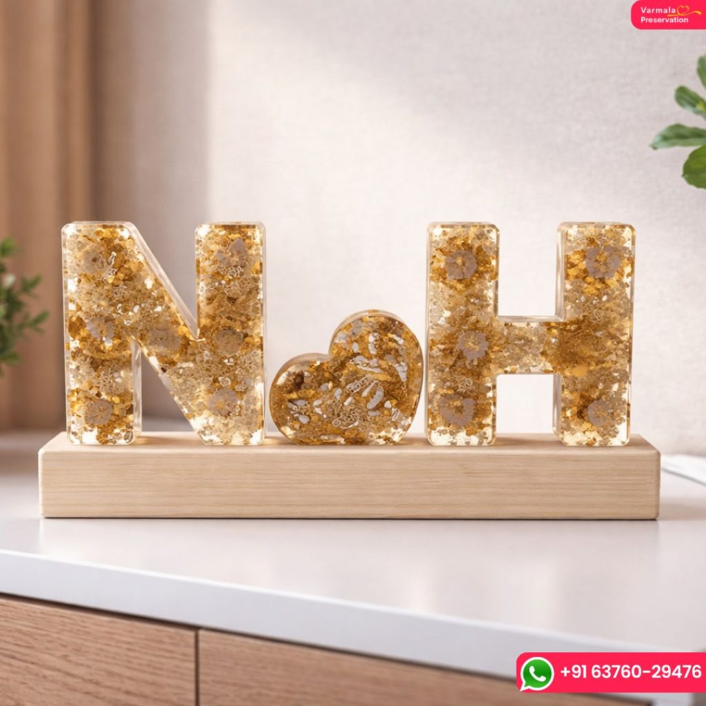 LED resin deep casting name initials with heart design on wooden stand