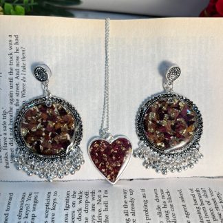 Combo jhumke and pendant with silver chain, preserved real rose