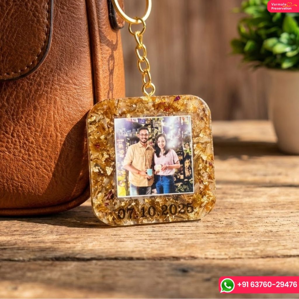 Square Photo Resin Keychain With Real Flower