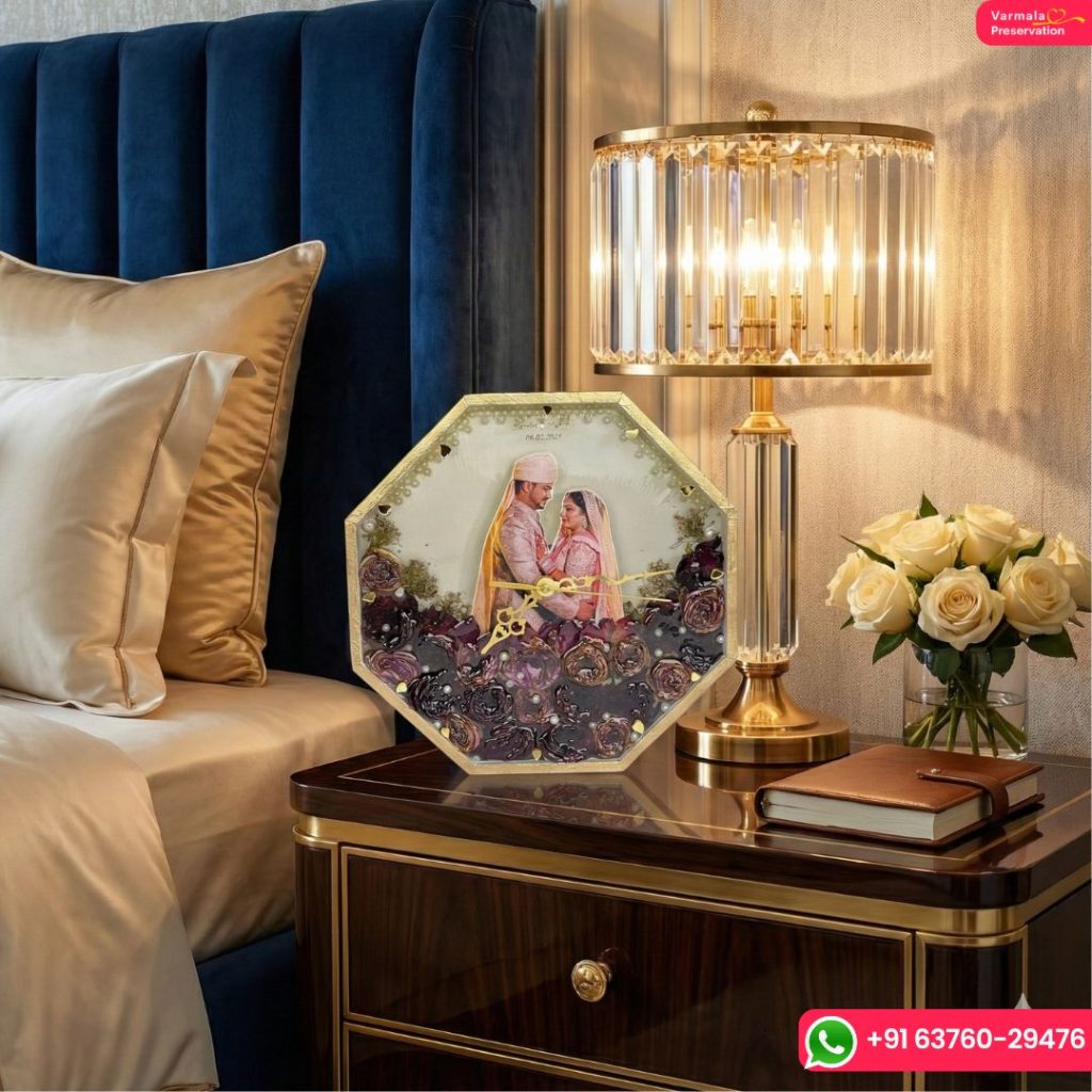 Teakwood Resin Wall Clock with Preserved Wedding Flowers & Photo ( 10-Inch)