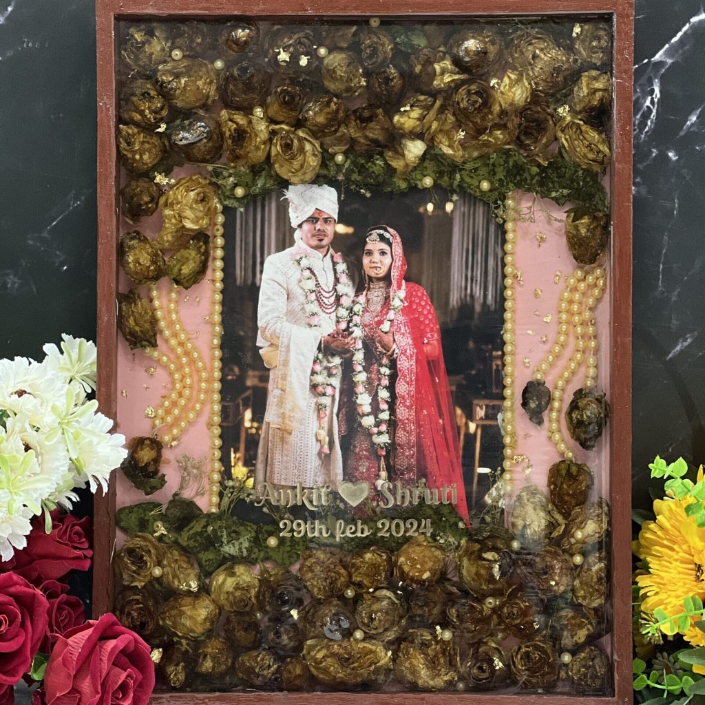 (12by16-)Inch Wooden Frame with Preserved Wedding Garland, Pearls & Photo