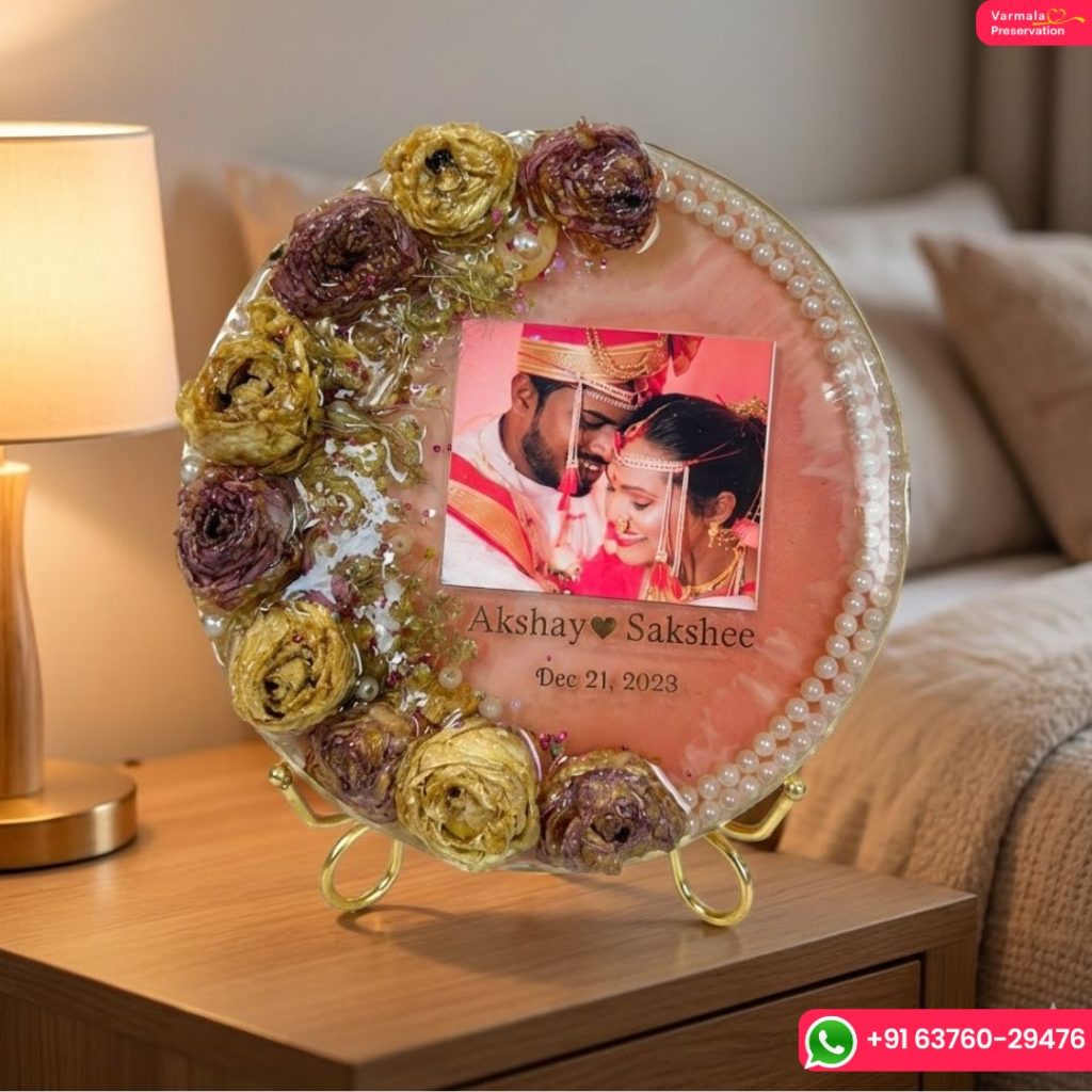 Yellow And Red Varmala Flower Preservation | Round Shape Resin Frame (20mm Thick and 8 Inch)