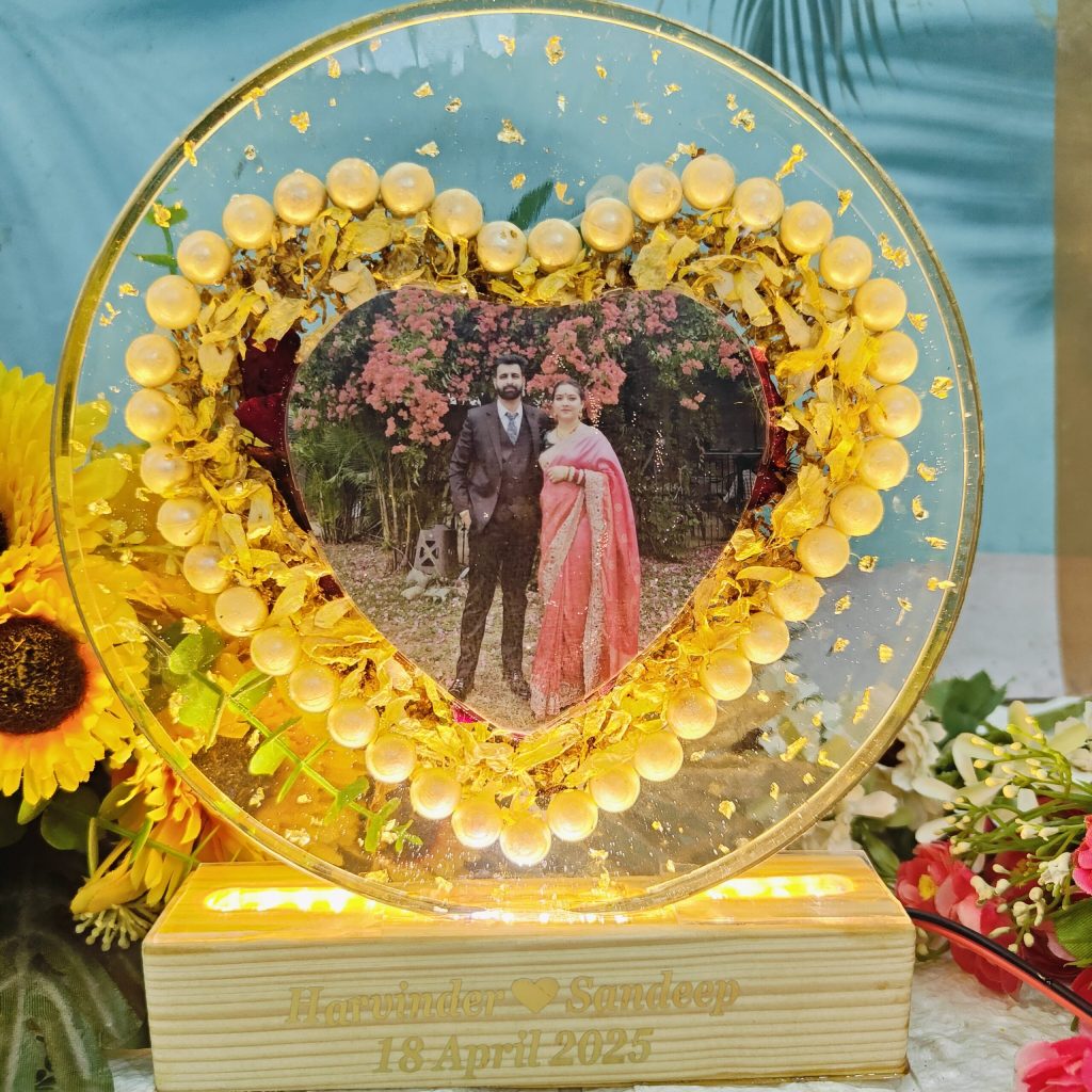 Heart Shape Resin Photo Lamp – Custom Couple Frame with Light Base – (8) Inch