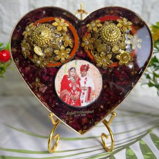 Heart-Shaped Wedding Varmala Resin Frame with Real Flowers & Kaleeras (8- Inch)