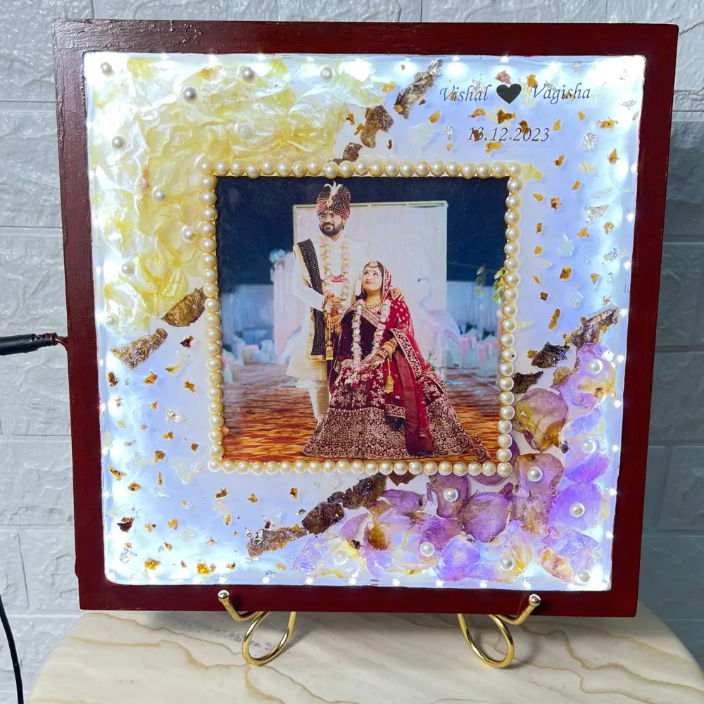 Lavender And Yellow Varmala Petals Preservation (12 Inch) | LED Wooden Frame
